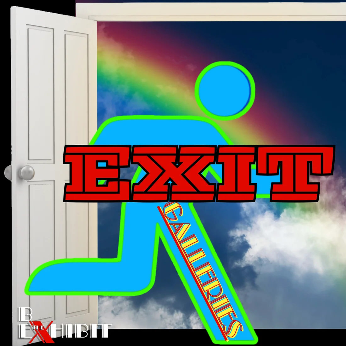 Exit Galleries mark over an open door leading to a rainbow sky