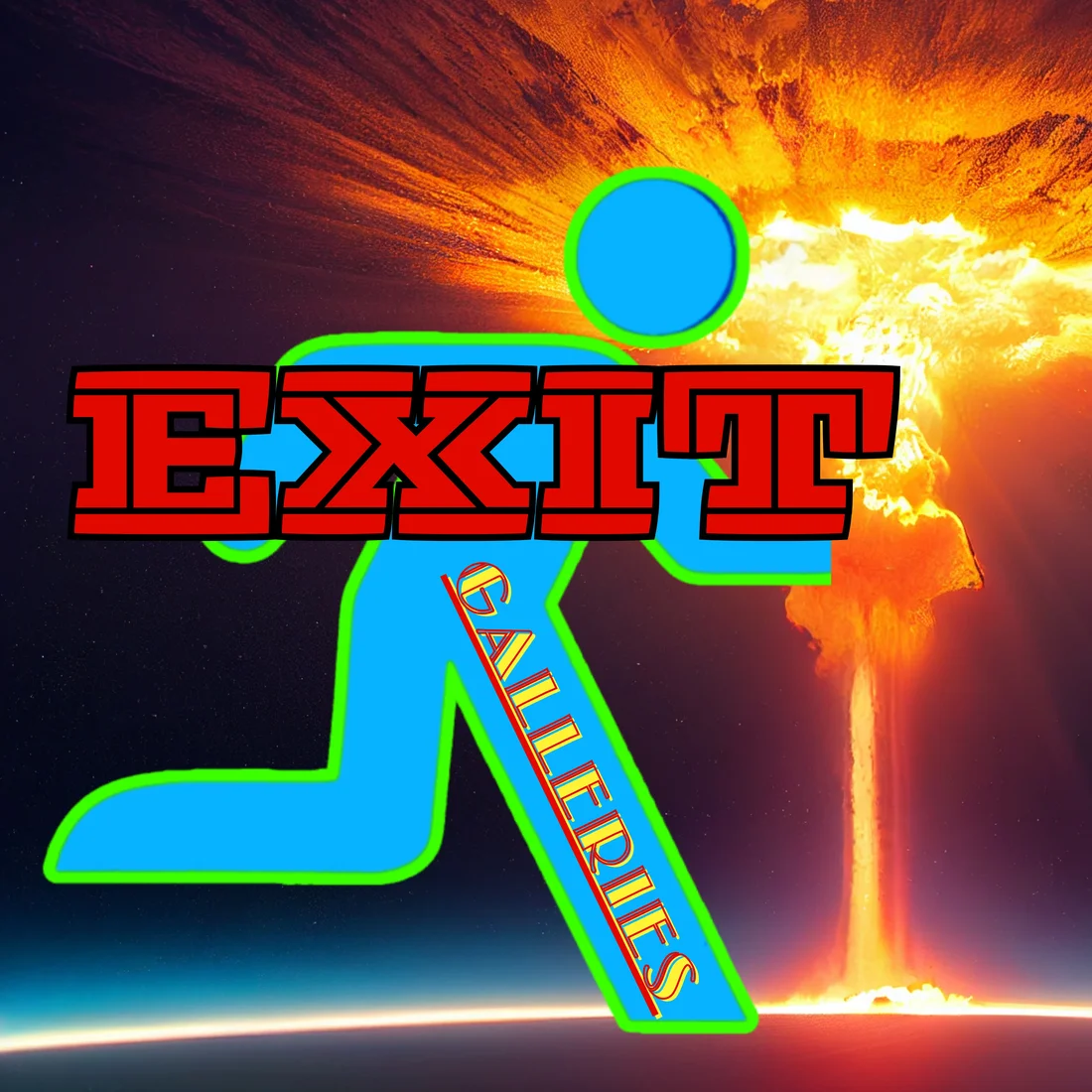 Exit Galleries mark over a fiery rocket launch seen from orbit