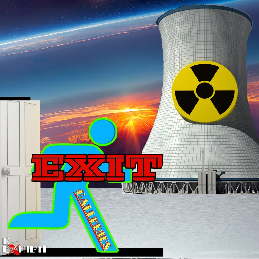 Exit Galleries mark over a nuclear cooling tower and an open door