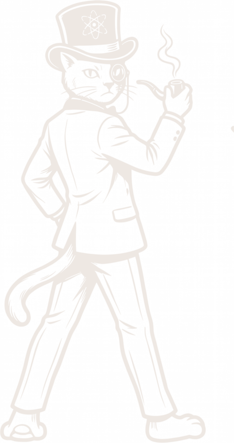 Lord Lazarus Lotus Billinglea, a tuxedoed cat with a monocle and pipe, wearing a top hat with an atom symbol