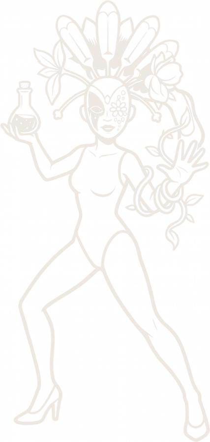 Phoebe, a masked alchemist crowned in feathers and flowers, holding a glowing flask